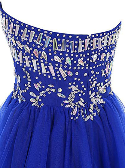 Cute A-Line Sweetheart Beaded Crystals Sleeveless Zipper Back For Women's Short Tulle Dresses Cocktail Party Gown Homecoming Graduation Dress Custom