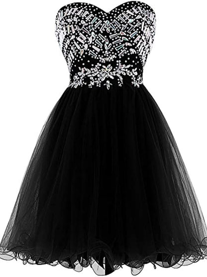 Cute A-Line Sweetheart Beaded Crystals Sleeveless Zipper Back For Women's Short Tulle Dresses Cocktail Party Gown Homecoming Graduation Dress Custom