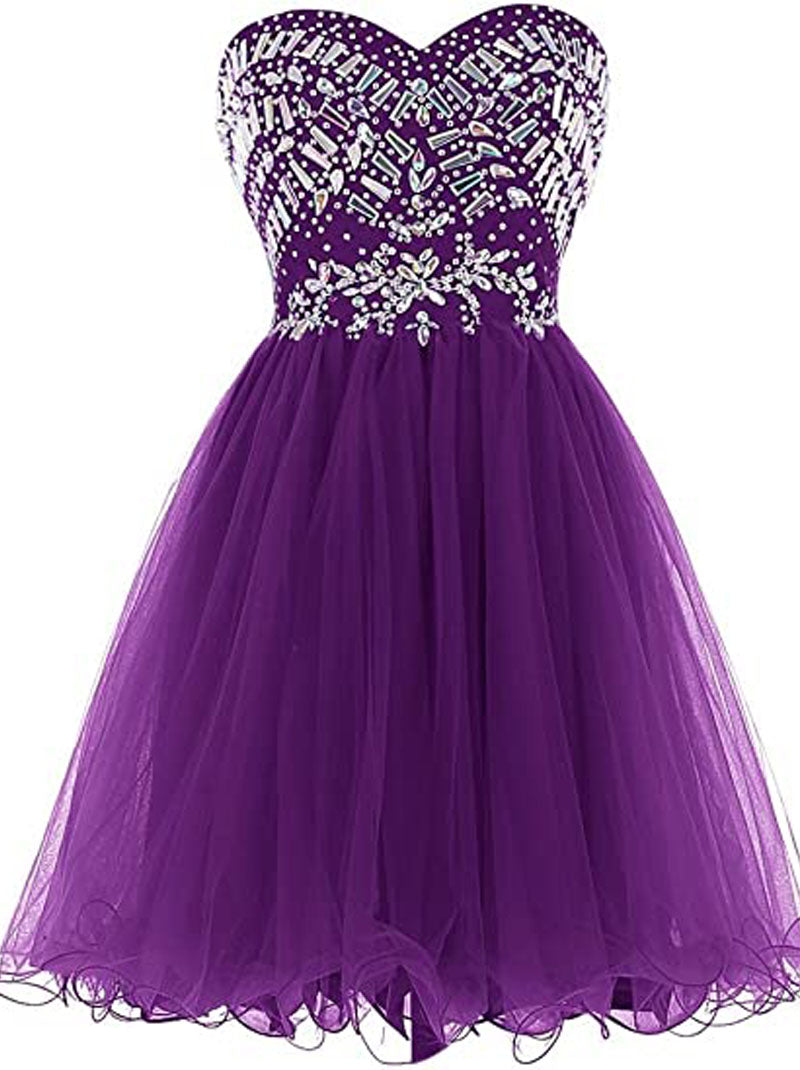 Cute A-Line Sweetheart Beaded Crystals Sleeveless Zipper Back For Women's Short Tulle Dresses Cocktail Party Gown Homecoming Graduation Dress Custom