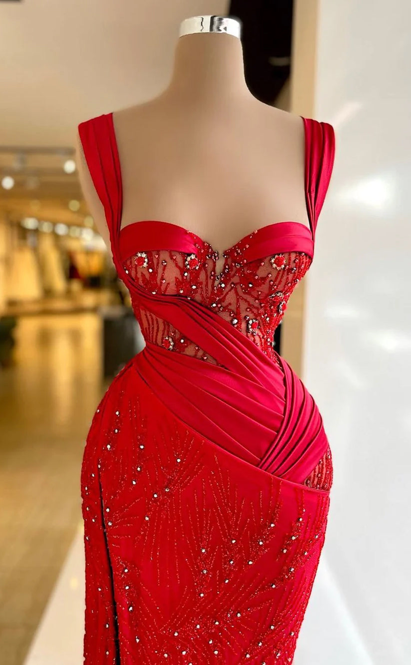 RP632-Classic Red Mermaid Spaghetti Strap Beads Sequins Ruched Sleeveless Long Prom Evening Dresses Formal Party Gowns With Slit