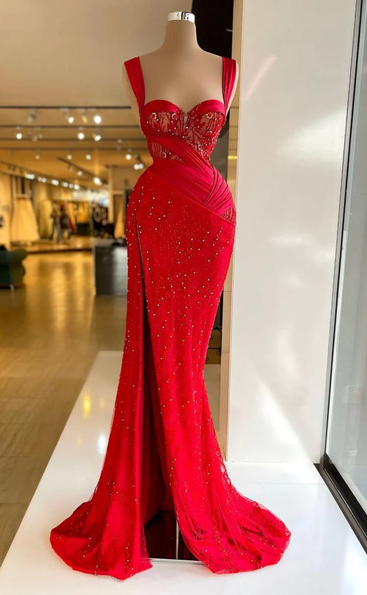 RP632-Classic Red Mermaid Spaghetti Strap Beads Sequins Ruched Sleeveless Long Prom Evening Dresses Formal Party Gowns With Slit