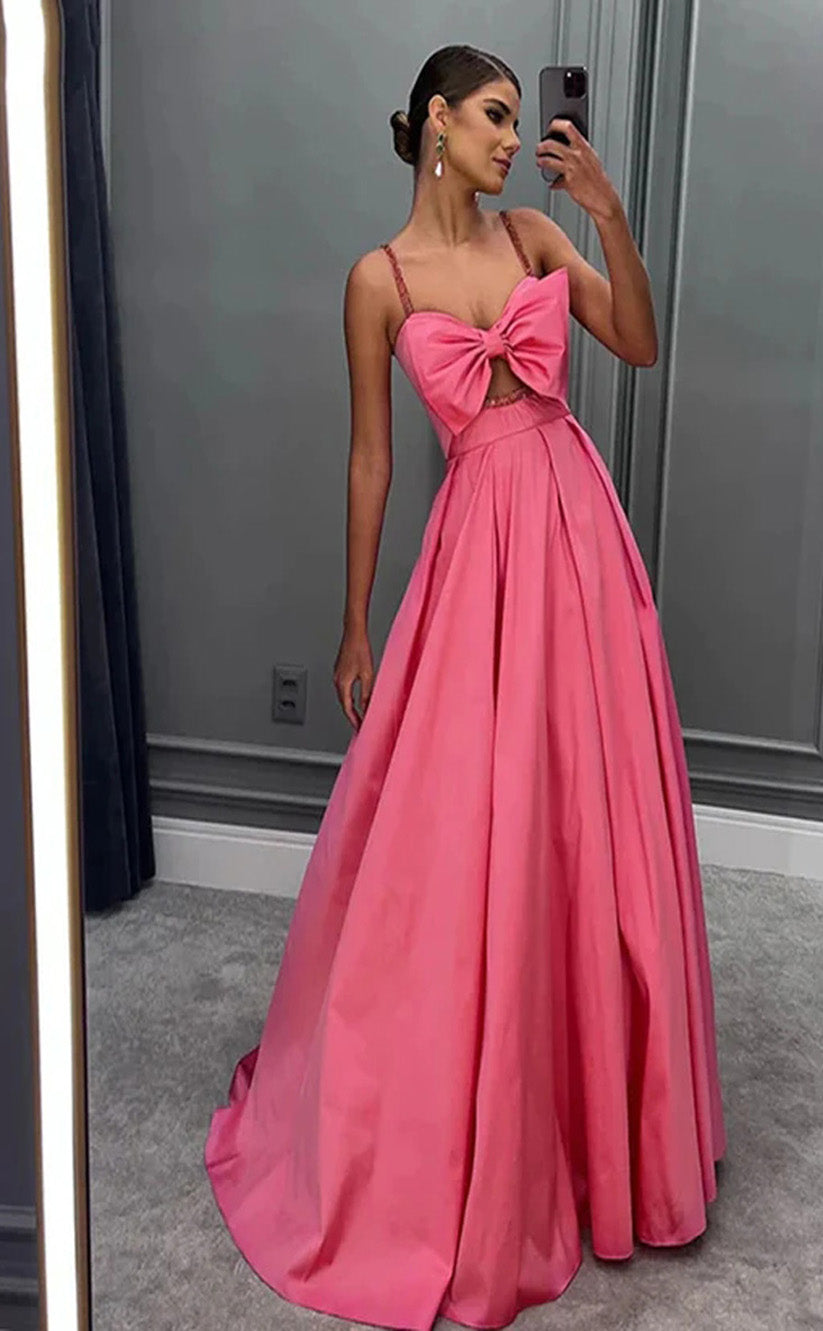 RP103-Simple A Line Spaghetti Shoulder Sleeveless Bow Beads Pleats Satin Long Evening Prom Dresses Celebrate Event Fashion Summer Party Gowns