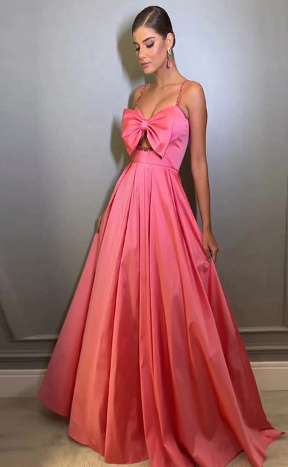 RP103-Simple A Line Spaghetti Shoulder Sleeveless Bow Beads Pleats Satin Long Evening Prom Dresses Celebrate Event Fashion Summer Party Gowns