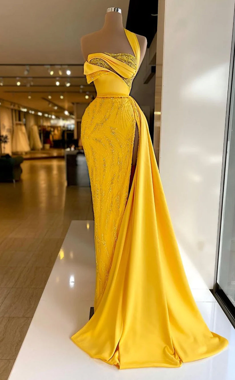 RP633-Sparkling Yellow Mermaid One Shoulder Beads Sequins Sleeveless Long Prom Evening Dresses Formal Party Gowns With Slit