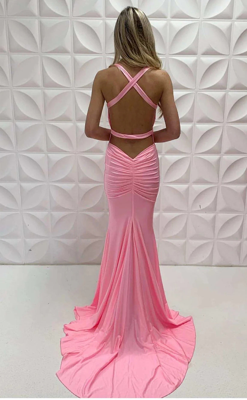 RP033-Light Pink Mermaid Spaghetti Backless Sleeveless Pleated Satin Long Formal Prom Evening Special Party Gowns