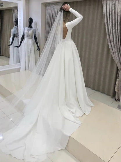 Simple A-Line Wedding Dresses Scoop Long Sleeves Backless Pleated Court Train Satin Bridal Gowns Custom Made