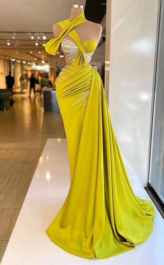 RP635-Charming Yellow Mermaid One Shoulder Sequins Ruched Sleeveless Long Prom Evening Dresses Formal Party Gowns With Slit