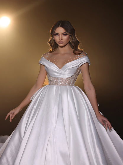 Luxurious & Charming Ball Gown Boho Wedding Dresses Scoop Pleated Beads Cap Sleeves Satin Court Train Bridal Gowns