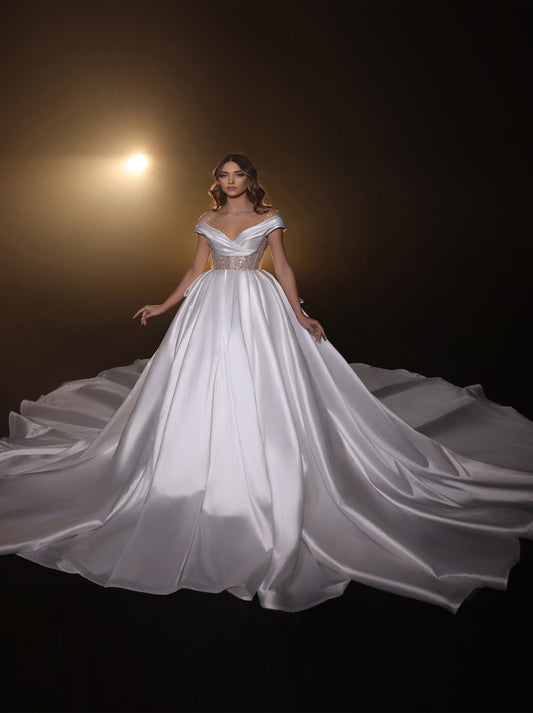 Luxurious & Charming Ball Gown Boho Wedding Dresses Scoop Pleated Beads Cap Sleeves Satin Court Train Bridal Gowns