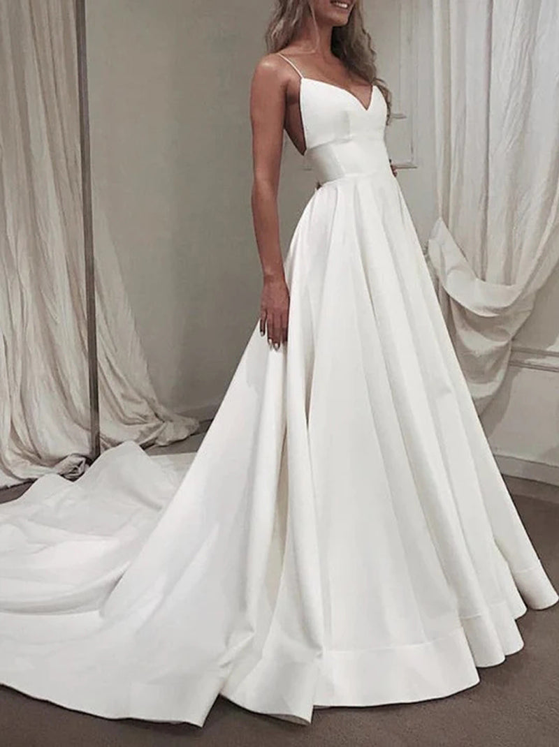 White A-Line Wedding Dresses Spaghetti Pleated Backless Court Train Satin Bridal Gowns Custom Made