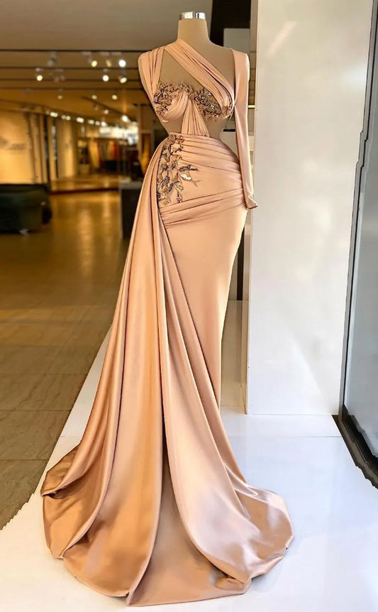 RP636-Charming Mermaid One Shoulder Beads Appliqued Ruched Sleeveless Long Prom Evening Dresses Formal Party Gowns