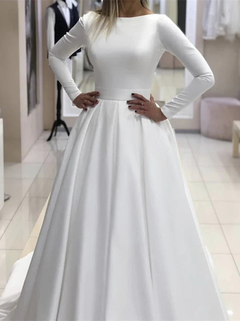 Elegant A-Line Wedding Dresses Scoop Long Sleeves Backless Pleated Court Train Satin Bridal Gowns Custom Made