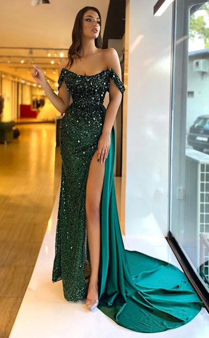 RP637-Sparkling Green Mermaid Off-the-Shoulder Beads Sequins Cap Sleeves Long Prom Evening Dresses Formal Party Gowns With Slit