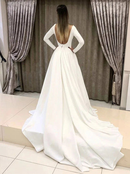 Elegant A-Line Wedding Dresses Scoop Long Sleeves Backless Pleated Court Train Satin Bridal Gowns Custom Made