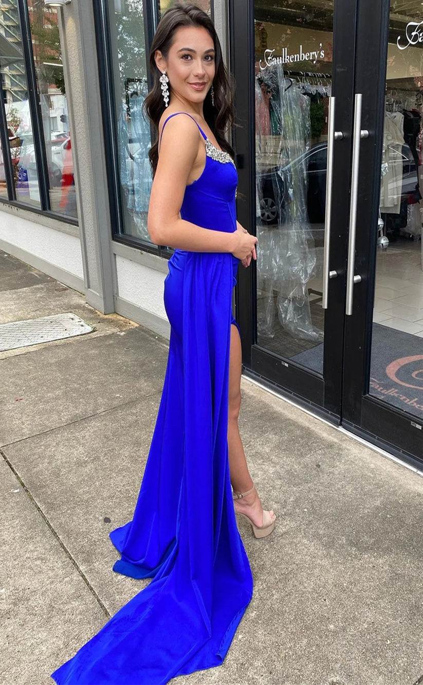 RP131-Sky Blue Mermaid Spaghetti Crystals Sleeveless Satin Long Prom Evening Formal Party Gowns With Slit