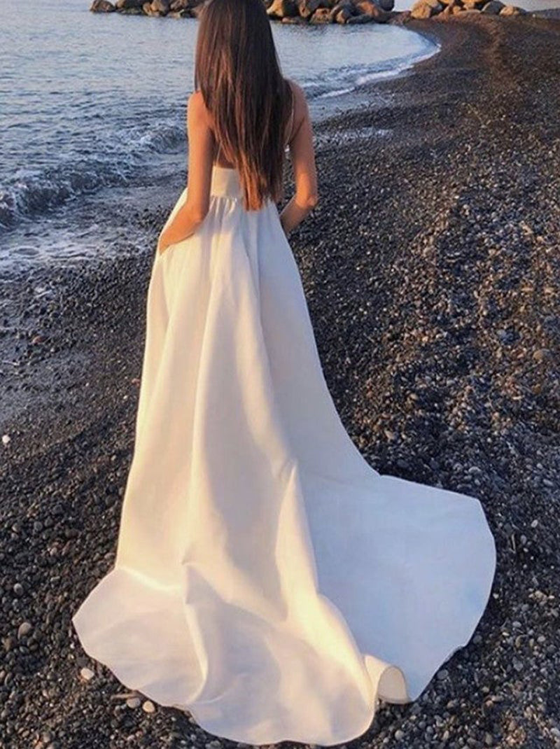 Elegant A-Line Wedding Dresses Spaghetti Pleated Side Slit Backless Sweep Train Satin Bridal Gowns Custom Made