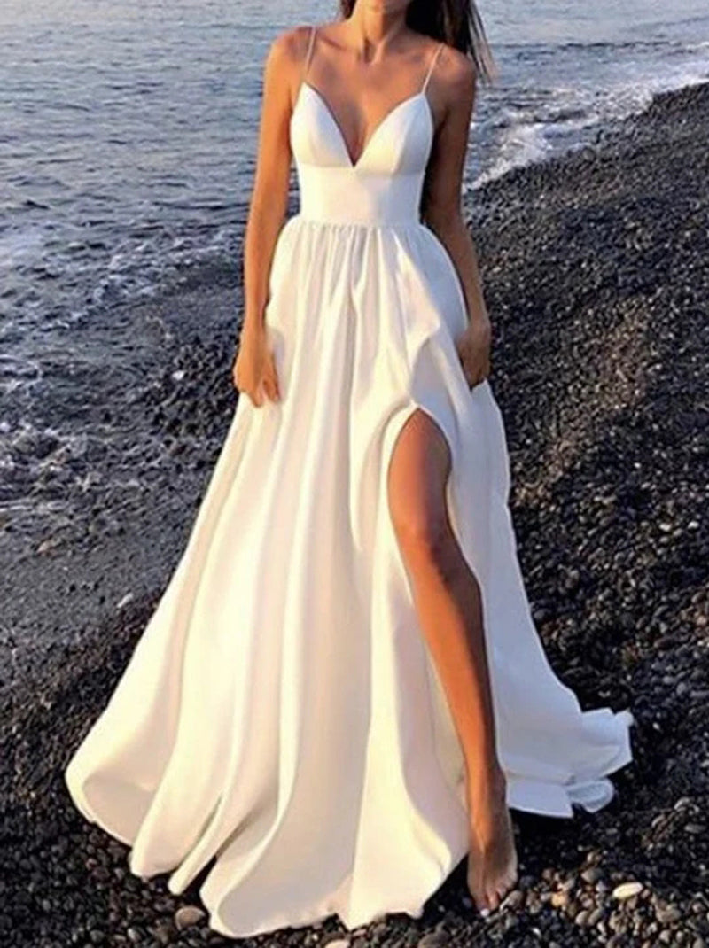 Elegant A-Line Wedding Dresses Spaghetti Pleated Side Slit Backless Sweep Train Satin Bridal Gowns Custom Made