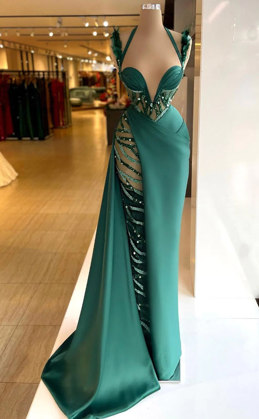 RP638-Sparkling Green Mermaid Halter Beads Ruched Feather Sleeveless Long Prom Evening Dresses Formal Party Gowns With Slit