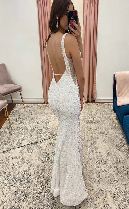 RP035-Sparkling Sexy Mermaid White Iridescent Sequin Plunge V-Neck Backless Sequins Long Formal Prom Dresses Party Gowns With Slit