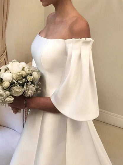 Simple A-Line Wedding Dresses Off The Shoulder Puffy Sleeves Pleated Sweep Train Satin Bridal Gowns Custom Made