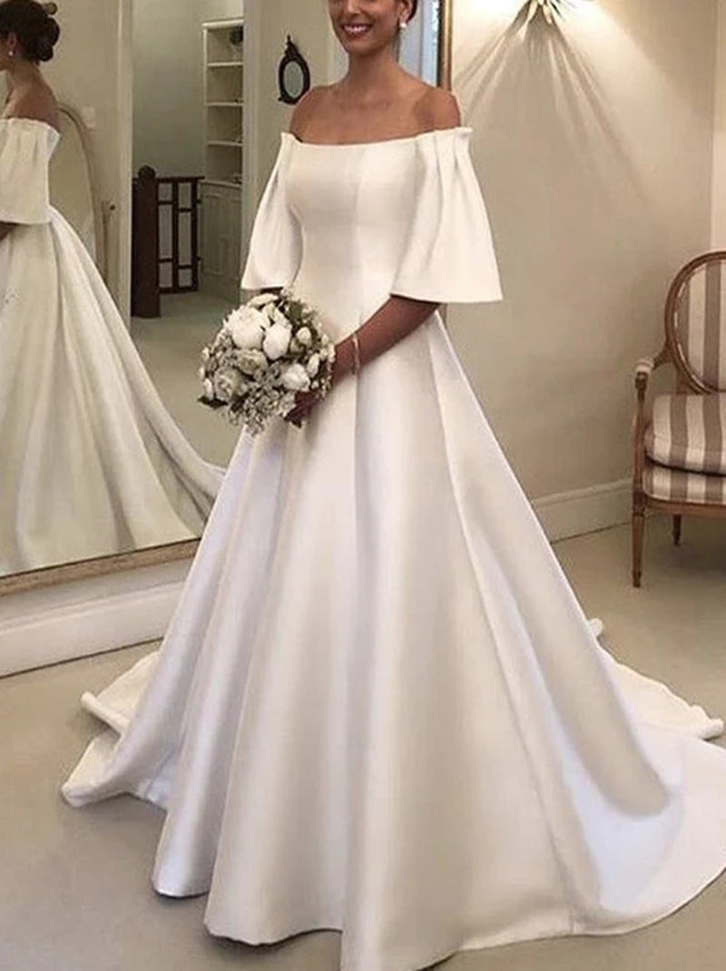 Simple A-Line Wedding Dresses Off The Shoulder Puffy Sleeves Pleated Sweep Train Satin Bridal Gowns Custom Made