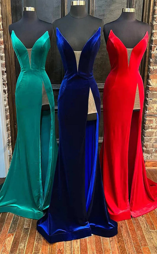 RP036-Elegant Mermaid Strapless Sleeveless Backless Velvet Long Formal Prom Evening Dresses Special Party Gowns With Slit