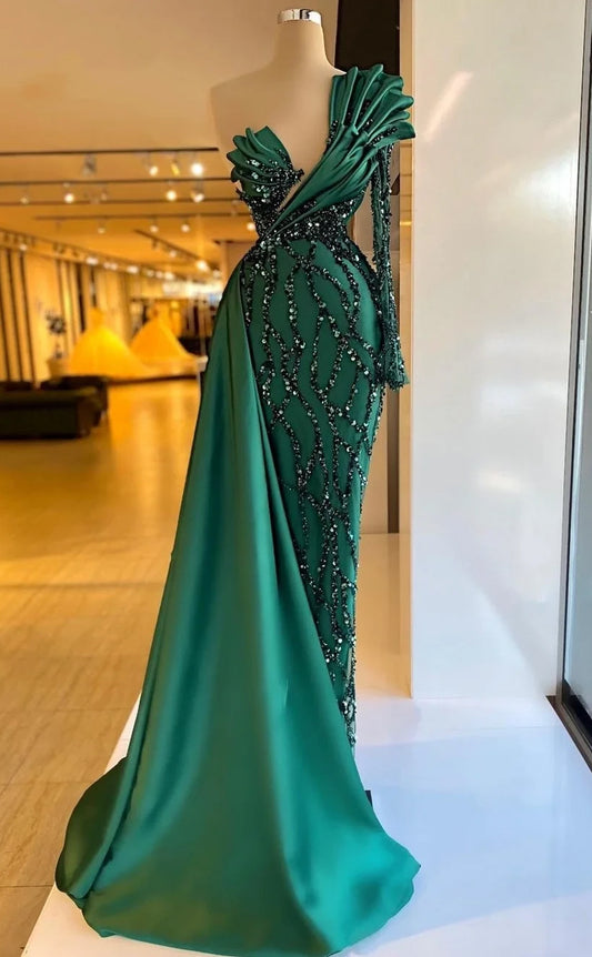 RP639-Sparkling Green Mermaid One Shoulder Beads Sequins Ruched Cap Sleeves Long Prom Evening Dresses Formal Party Gowns