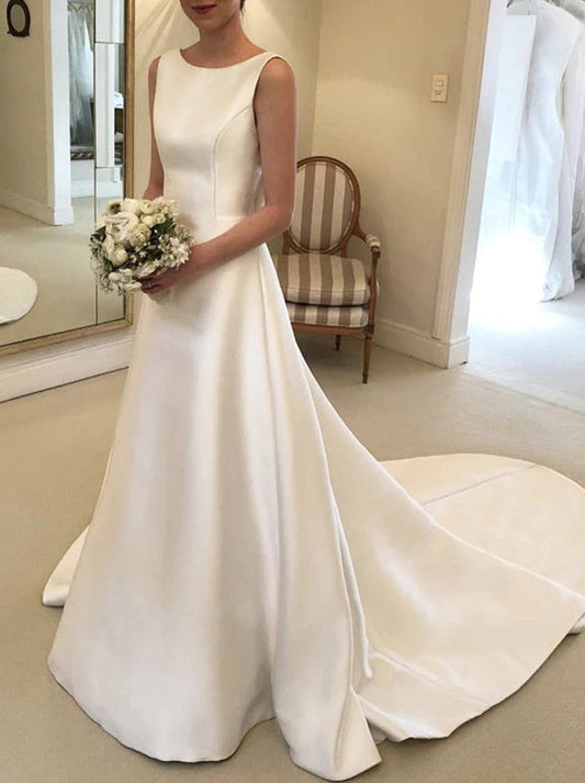 Simple A-Line Wedding Dresses Scoop Sleeveless Bowknot Backless Sweep Train Satin Bridal Gowns Custom Made