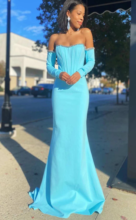 RP037-Sky Blue Mermaid Off-the-Shoulder Beads Zipper Long Sleeves Long Formal Prom Evening Dresses Special Party Gowns