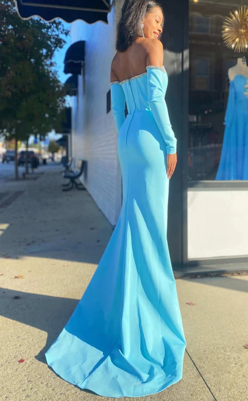 RP037-Sky Blue Mermaid Off-the-Shoulder Beads Zipper Long Sleeves Long Formal Prom Evening Dresses Special Party Gowns