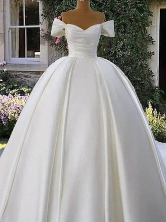 Romantic Ball Gown Wedding Dresses Sweetheart Cap Sleeves Pleated Lace Up Court Train Sartin Bridal Gowns Custom Made