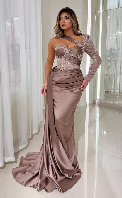 RP642-Elegant Grey Mermaid One Shoulder Beads Appliqued One Long Sleeve Long Prom Evening Dresses Formal Party Gowns