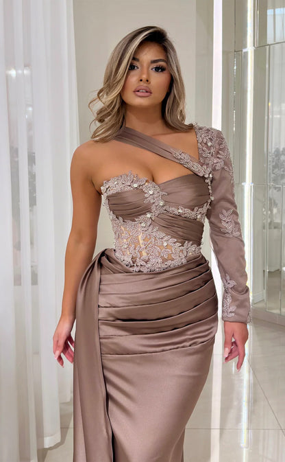 RP642-Elegant Grey Mermaid One Shoulder Beads Appliqued One Long Sleeve Long Prom Evening Dresses Formal Party Gowns