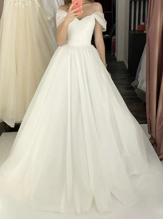 Simple Ball Gown Wedding Dresses Sweetheart Cap Sleeves Lace Up Sweep Train Tulle Bridal Gowns Custom Made