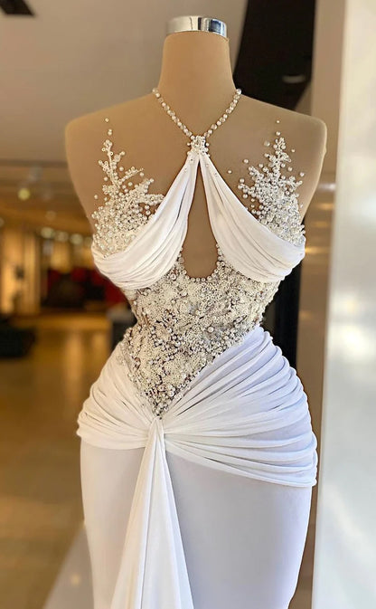 RP641-Gorgeous White Mermaid Halter Beads Pearls Ruched  Chiffon Long Prom Evening Dresses Formal Party Gowns