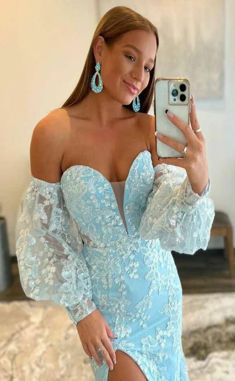 RP043-Light Blue Mermaid Lace Strapless Puff Sleeves Long Formal Evening Prom Dresses Special Party Gown With Side Slit