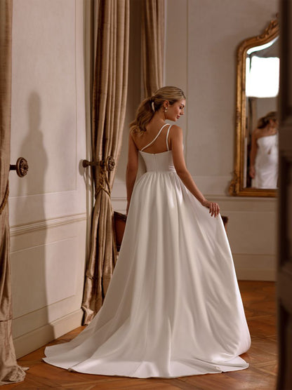 Simple & Elegant Sheath/Column Wedding Dresses One Shoulder Pleated Satin Sweep Train Bridal Gowns With Side Slit