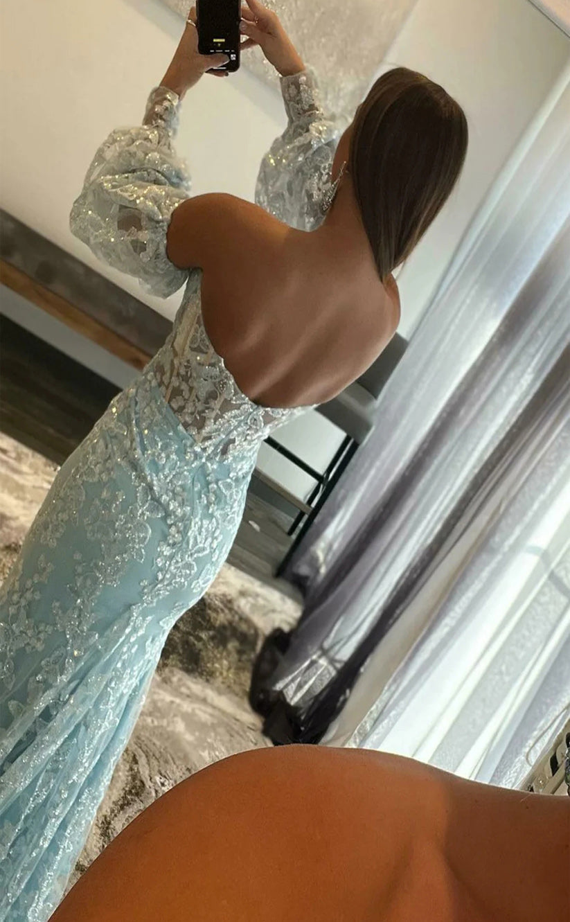 RP043-Light Blue Mermaid Lace Strapless Puff Sleeves Long Formal Evening Prom Dresses Special Party Gown With Side Slit