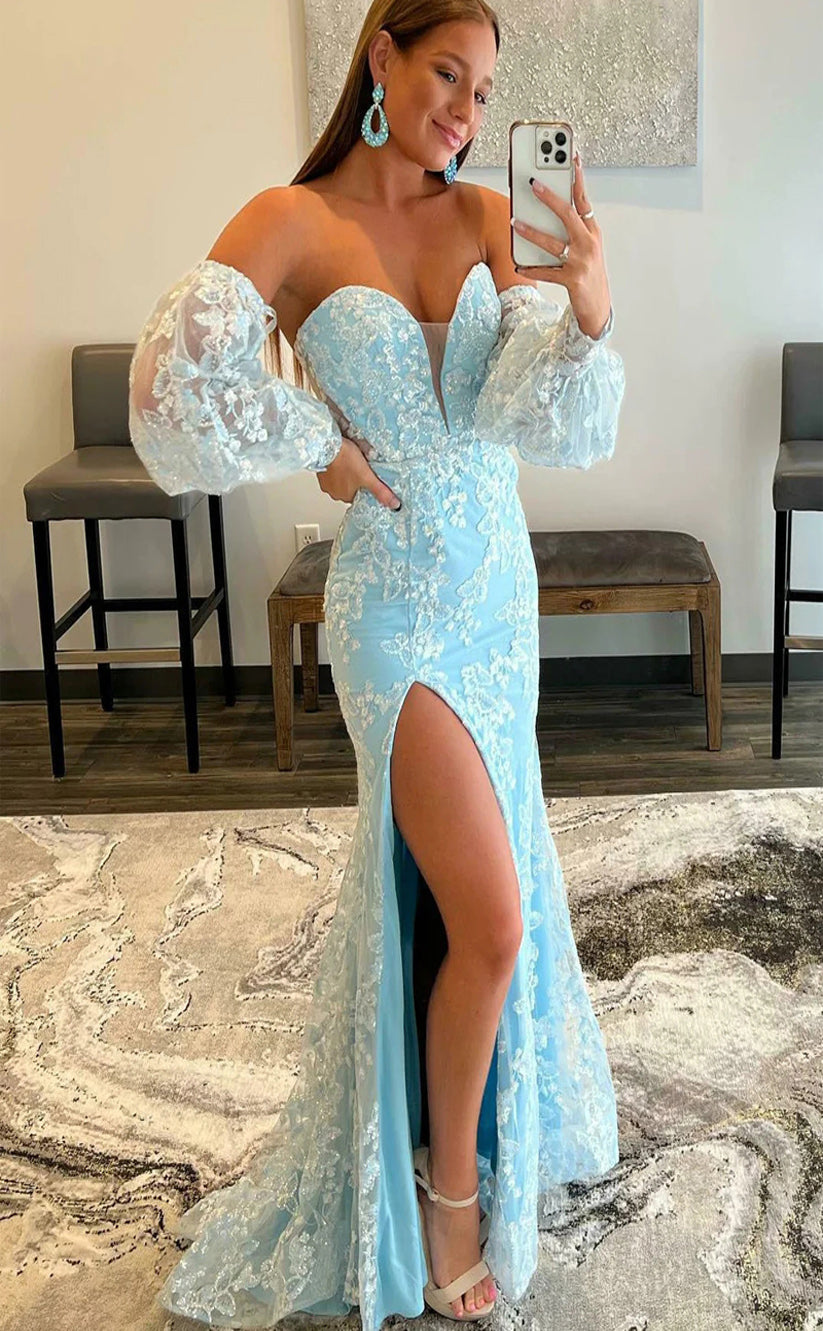 RP043-Light Blue Mermaid Lace Strapless Puff Sleeves Long Formal Evening Prom Dresses Special Party Gown With Side Slit