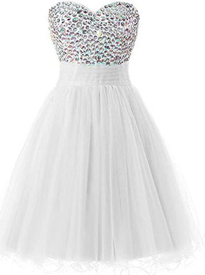 Lovely Mini A-Line Sweetheart Crystal Beaded Lace up Tulle Homecoming Graduation Dresses Cocktail Party Dress Prom Dress