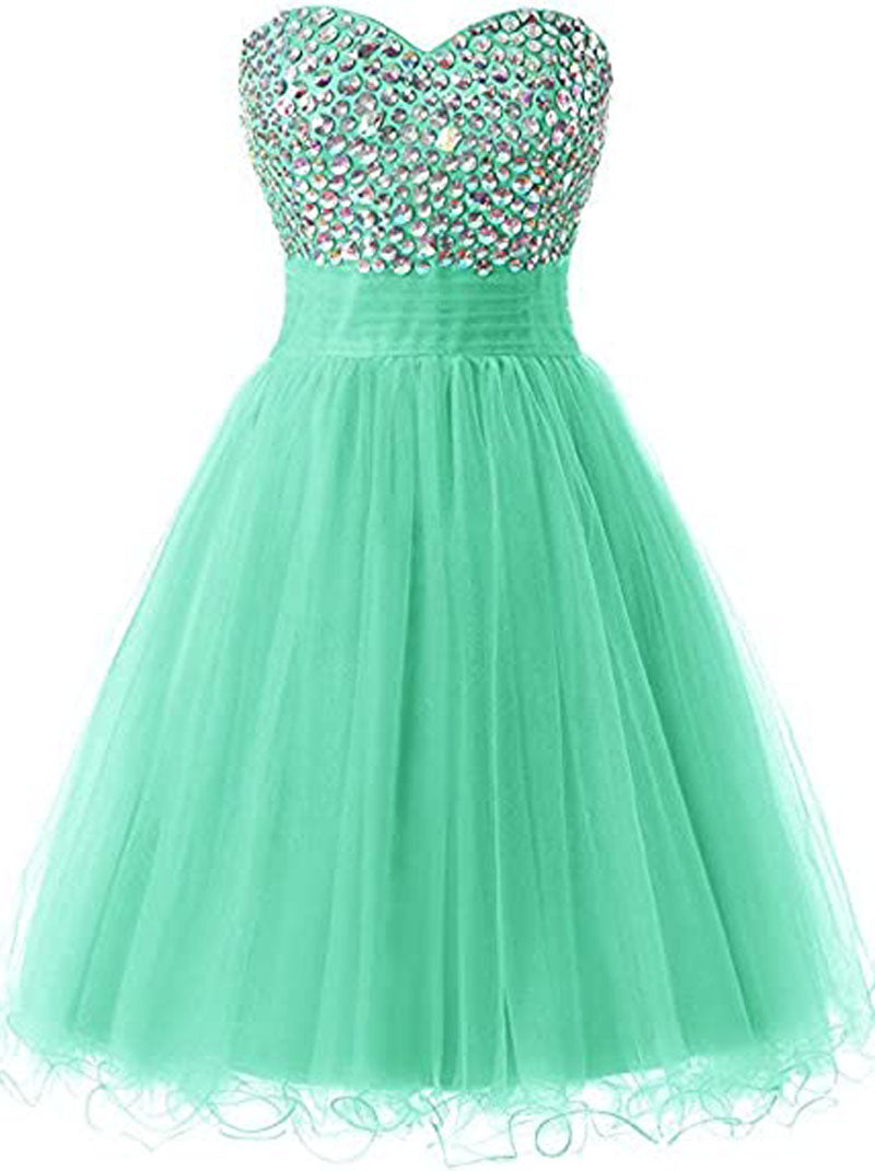 Lovely Mini A-Line Sweetheart Crystal Beaded Lace up Tulle Homecoming Graduation Dresses Cocktail Party Dress Prom Dress