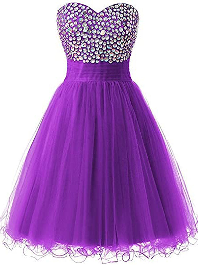 Lovely Mini A-Line Sweetheart Crystal Beaded Lace up Tulle Homecoming Graduation Dresses Cocktail Party Dress Prom Dress