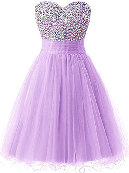 Lovely Mini A-Line Sweetheart Crystal Beaded Lace up Tulle Homecoming Graduation Dresses Cocktail Party Dress Prom Dress