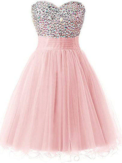 Lovely Mini A-Line Sweetheart Crystal Beaded Lace up Tulle Homecoming Graduation Dresses Cocktail Party Dress Prom Dress