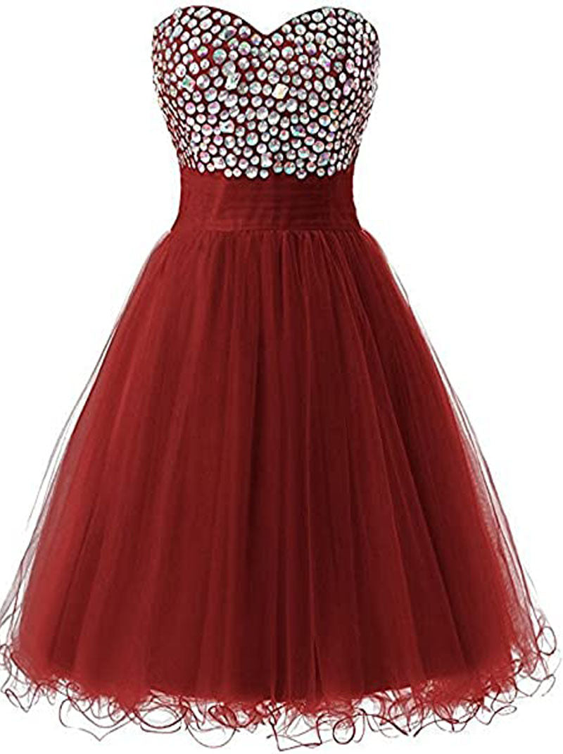 Lovely Mini A-Line Sweetheart Crystal Beaded Lace up Tulle Homecoming Graduation Dresses Cocktail Party Dress Prom Dress