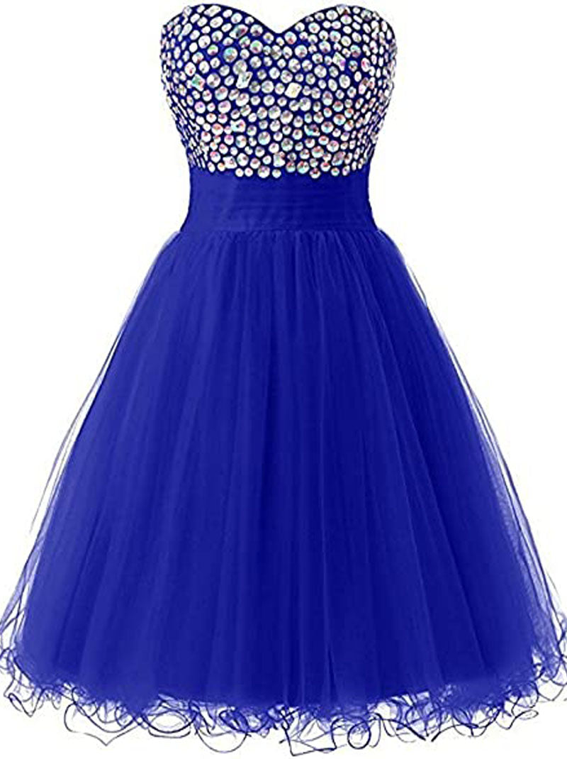 Lovely Mini A-Line Sweetheart Crystal Beaded Lace up Tulle Homecoming Graduation Dresses Cocktail Party Dress Prom Dress