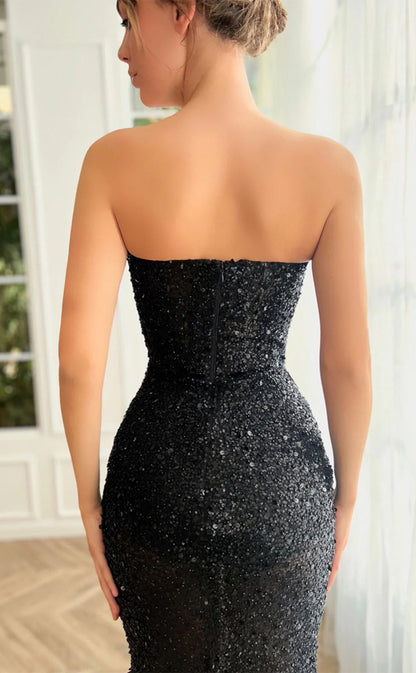 RP181-Black Trumpet Strapless Sleeveless Sequins Long Prom Evening Dresses Formal Party Gowns With Slit