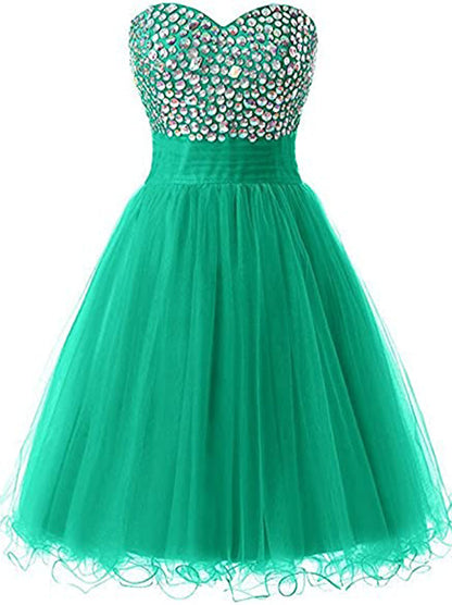 Lovely Mini A-Line Sweetheart Crystal Beaded Lace up Tulle Homecoming Graduation Dresses Cocktail Party Dress Prom Dress