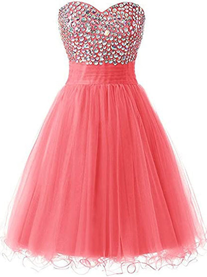 Lovely Mini A-Line Sweetheart Crystal Beaded Lace up Tulle Homecoming Graduation Dresses Cocktail Party Dress Prom Dress