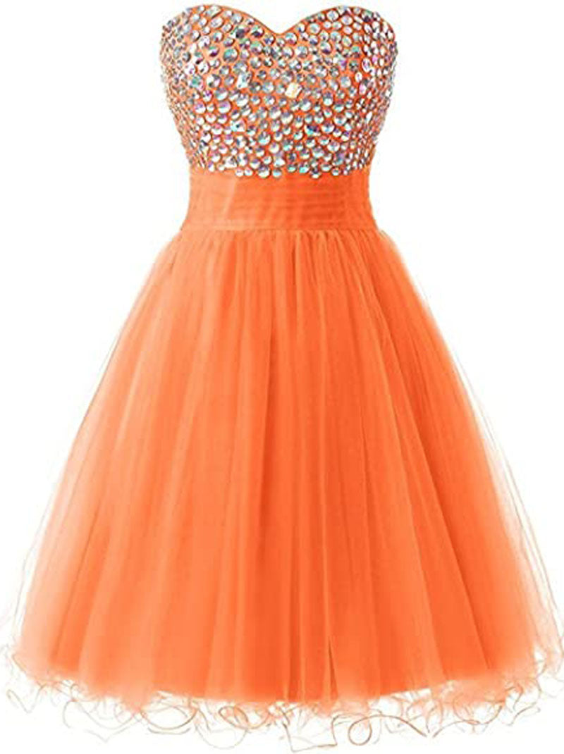 Lovely Mini A-Line Sweetheart Crystal Beaded Lace up Tulle Homecoming Graduation Dresses Cocktail Party Dress Prom Dress